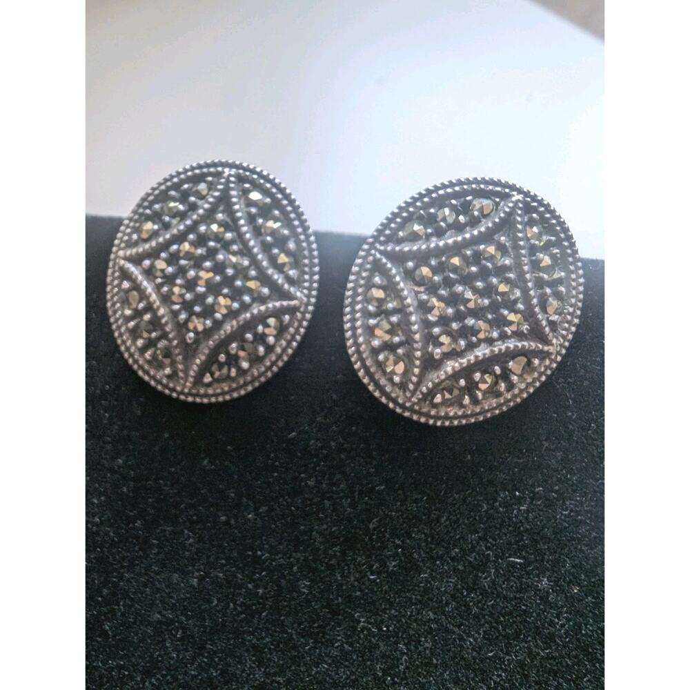 Judith Jack Sterling Silver Marcasite Round Dome Clip-On Earrings Art Deco.